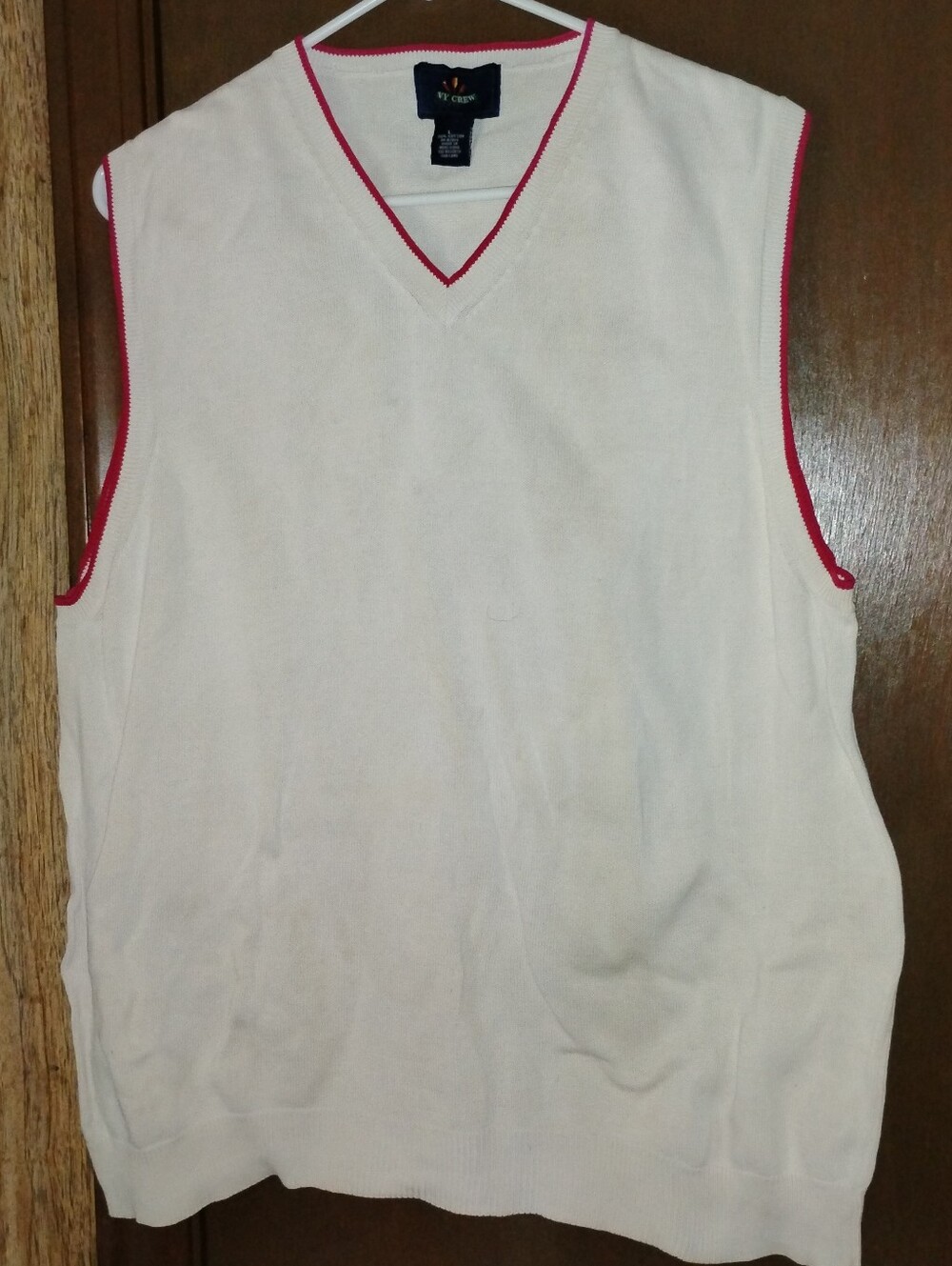 Ivy Crew White V-Neck Sweater Vest with Red Trim